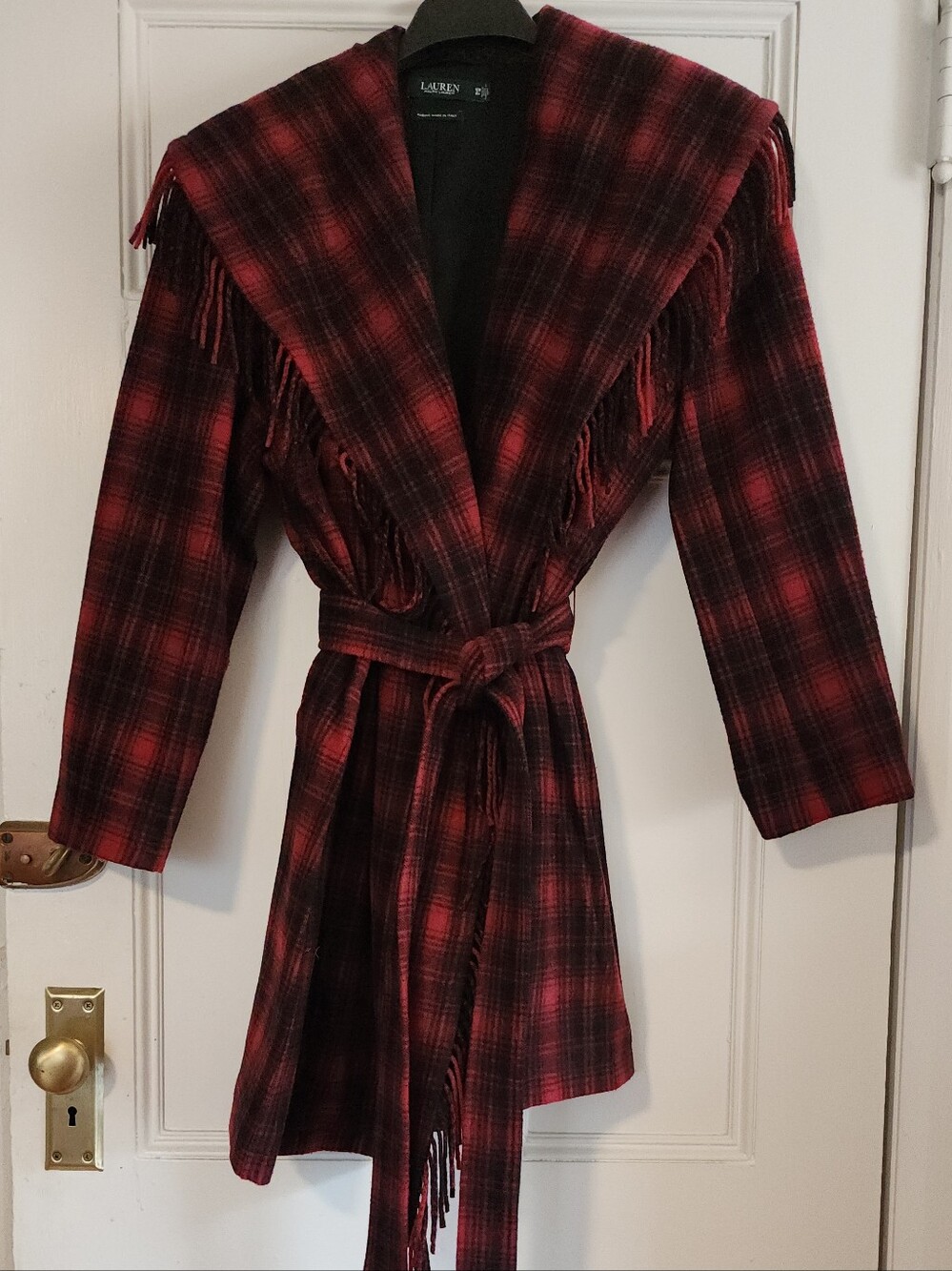 Lauren Ralph Lauren Plaid Fringe Wrap Coat in Red & Black Size 16W Like New